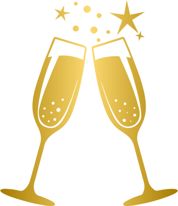 Two golden champagne glasses clinking with bubbles and stars above.
